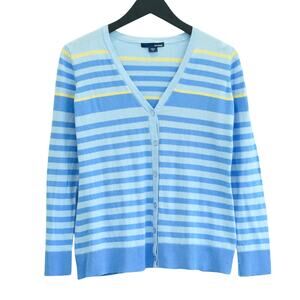 Light Blue Yellow Stripe Button Front Cardigan Sweater - V-Neck Long Sleeve